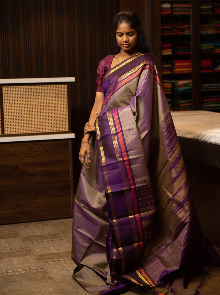 Purple Shot Color Zari Stripes Pure Kanchipuram Silk Sari - Clio Silks