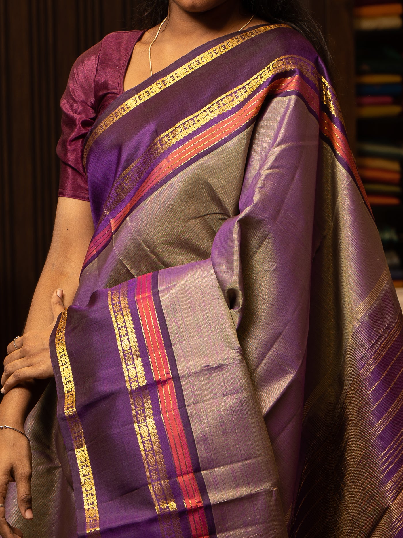 Purple Shot Color Zari Stripes Pure Kanchipuram Silk Sari - Clio Silks