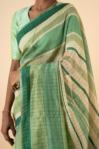 Green Stripes Pure Munga Tussar Silk Saree - Clio Silks