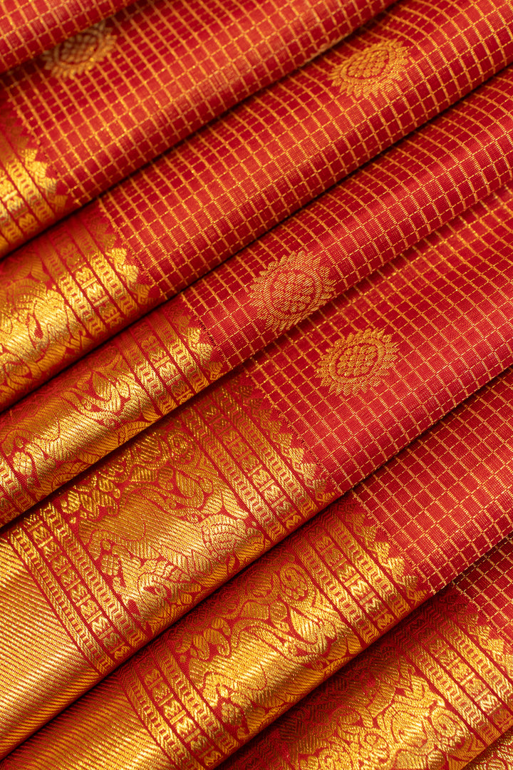 Reddish maroon zari checks pure Kanchipuram silk saree