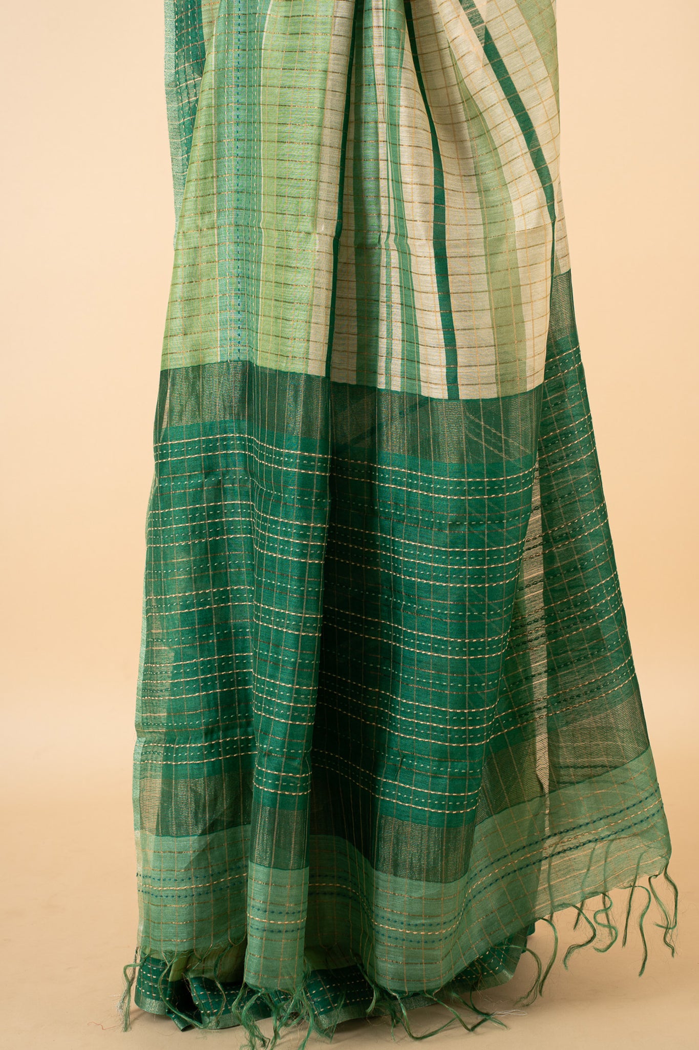 Green Stripes Pure Munga Tussar Silk Saree - Clio Silks