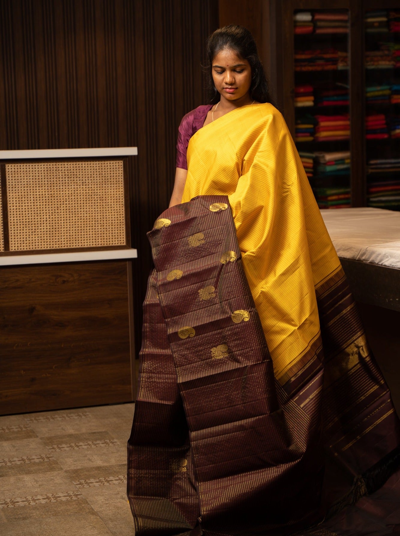 Yellow and Brown Stripes Borderless Traditional Pure Kanchipuram Silk Sari - Clio Silks