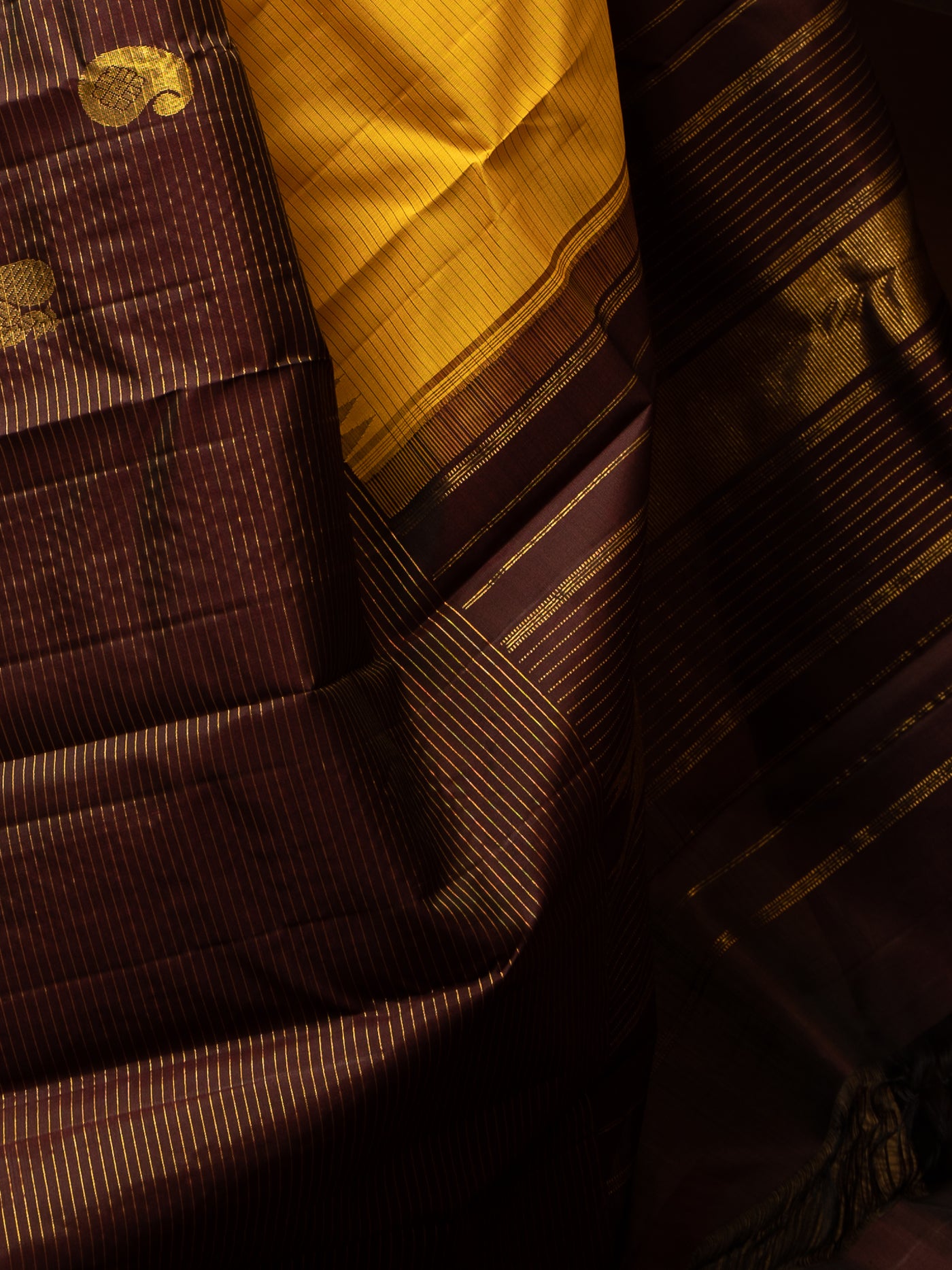 Yellow and Brown Stripes Borderless Traditional Pure Kanchipuram Silk Sari - Clio Silks