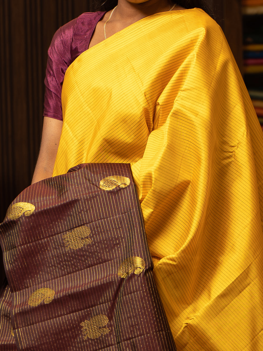 Yellow and Brown Stripes Borderless Traditional Pure Kanchipuram Silk Sari - Clio Silks