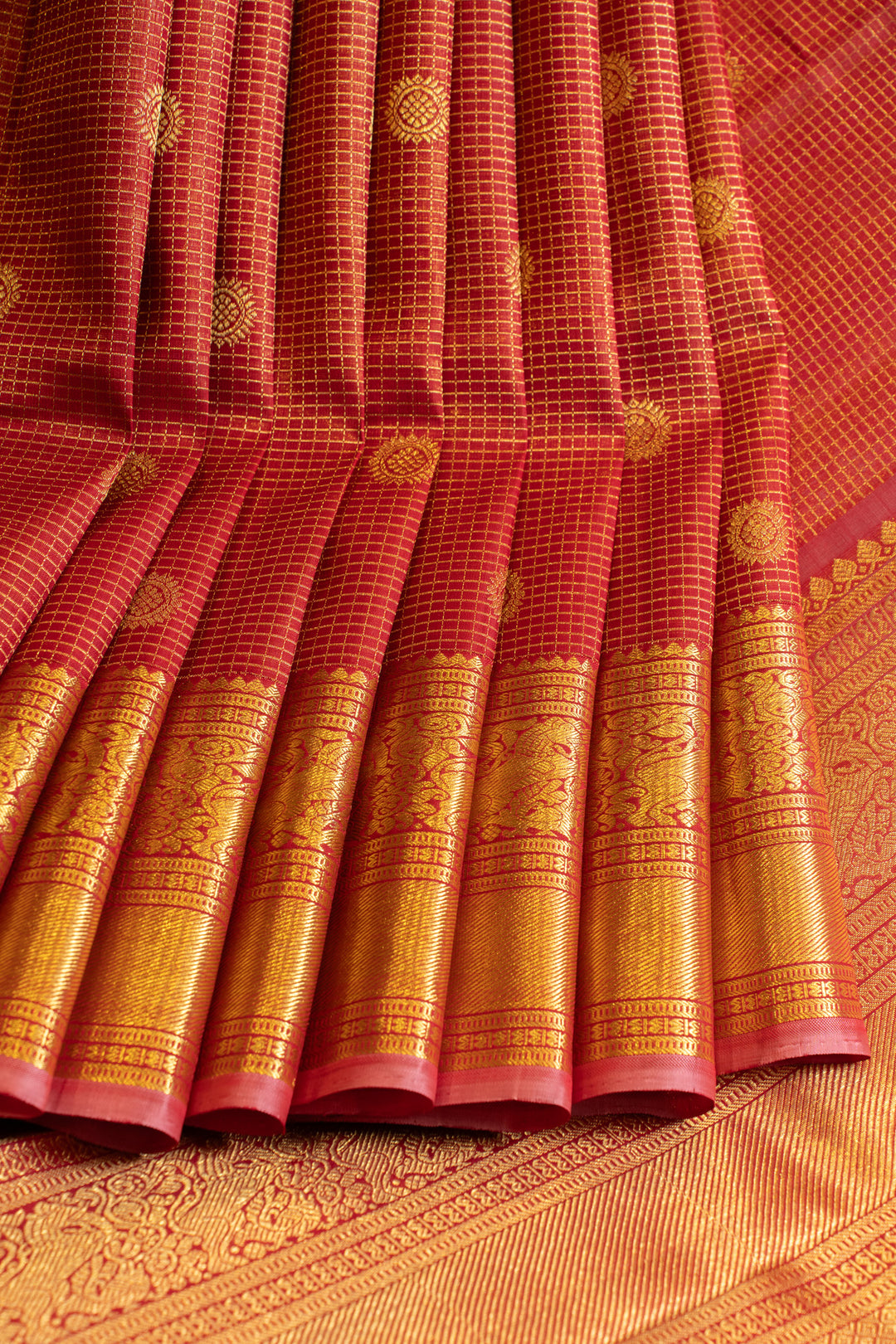 Reddish maroon zari checks pure Kanchipuram silk saree