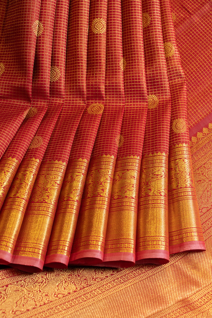 Reddish maroon zari checks pure Kanchipuram silk saree