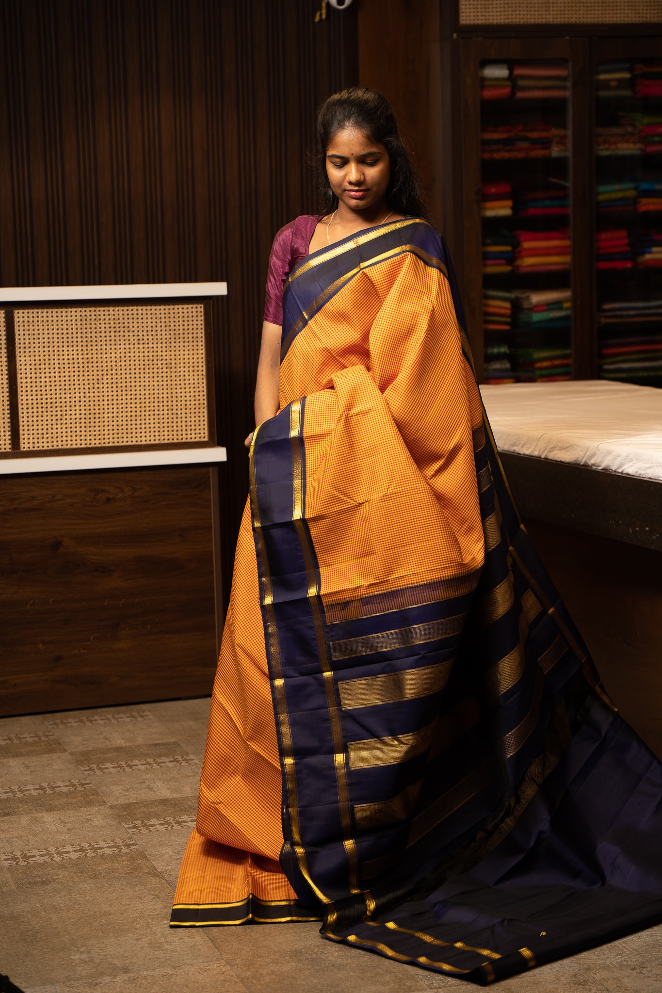 Orange and Navy Blue Podikattam Pure Kanchipuram Silk Saree - Clio Silks