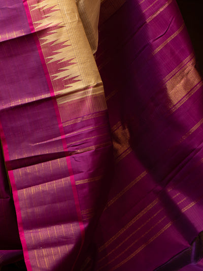 Beige and Purple Linen Kanchipuram Silk Saree - Clio Silks