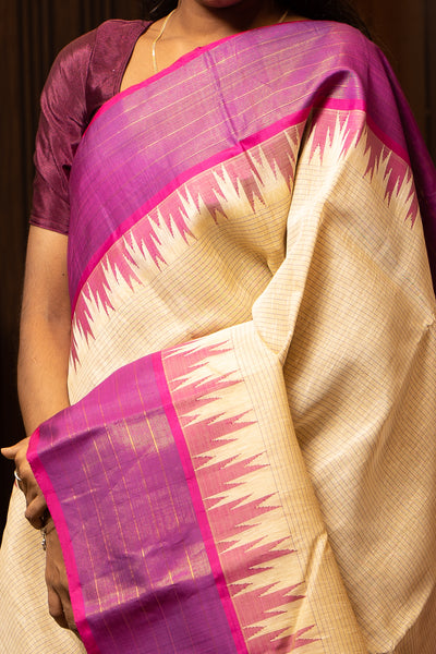 Beige and Purple Linen Kanchipuram Silk Saree - Clio Silks