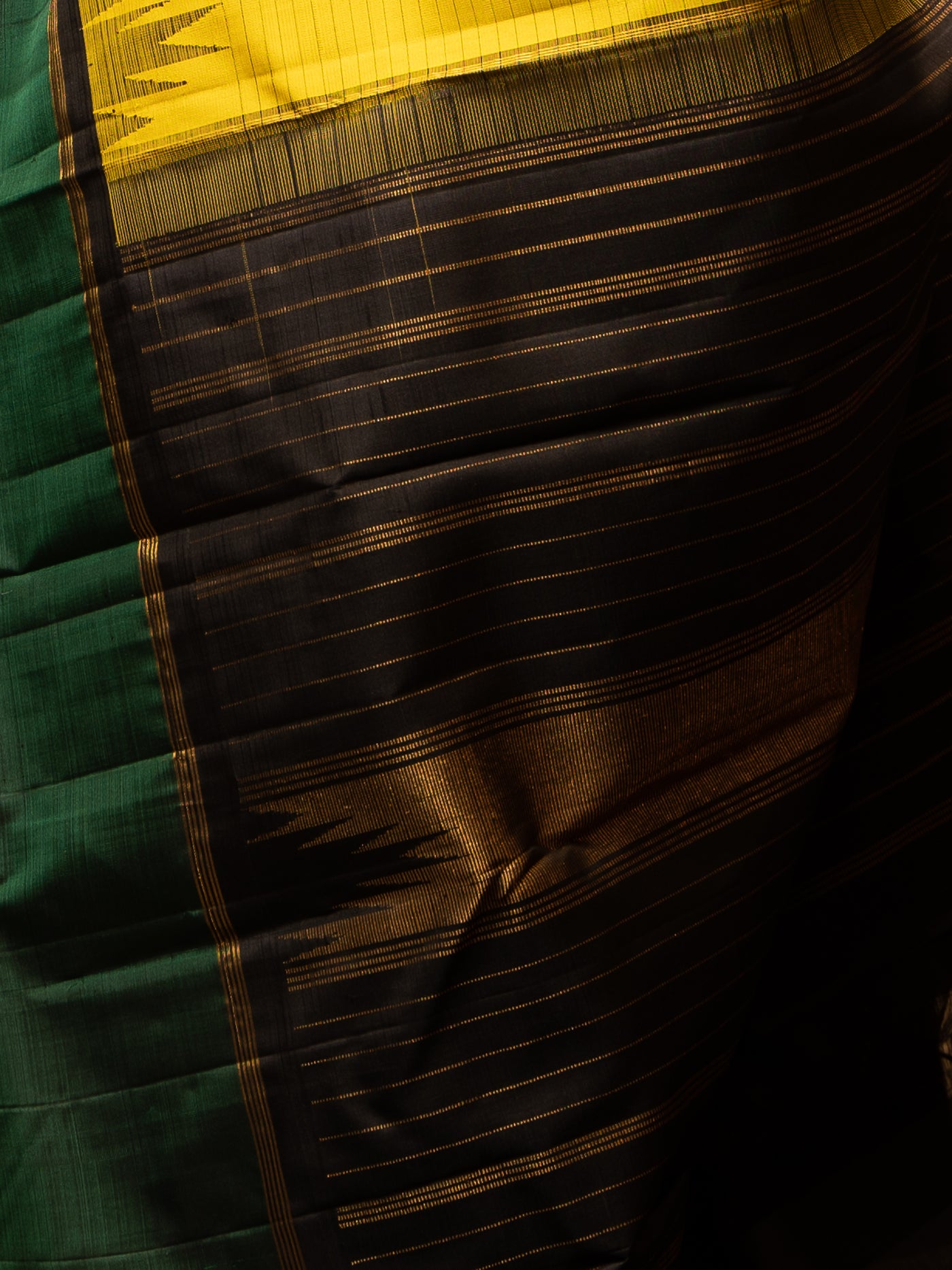 Yellow and Bottle Green Stripes Pure Kanchipuram Silk Sari - Clio Silks