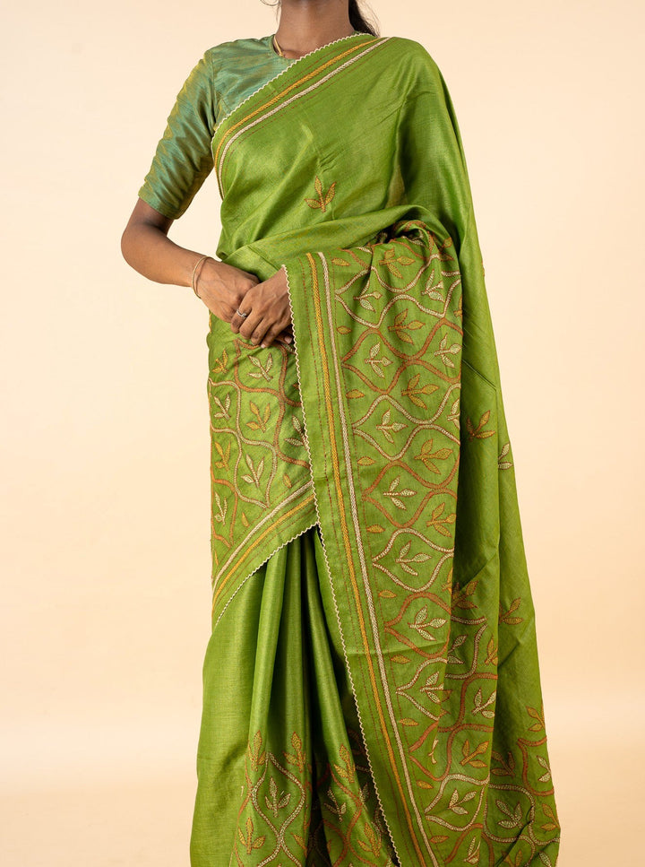 Pear Green Embroidered Pure Tussar Saree - Clio Silks
