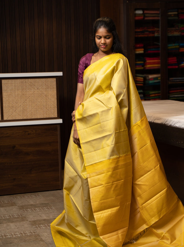 Pastel Yellow Borderless Zari Checks Pure Kanchipuram Silk Sari - Clio Silks