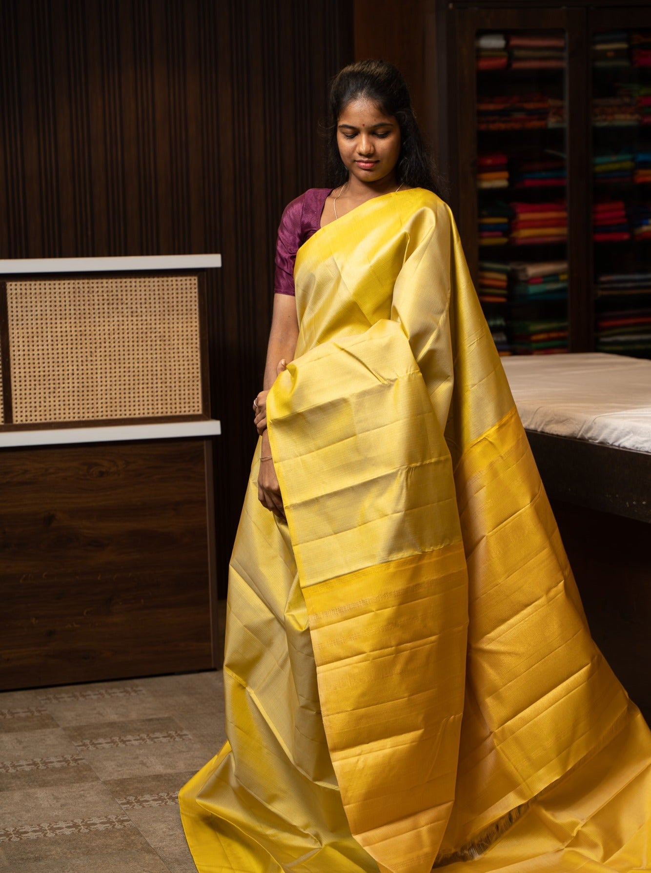 Pastel Yellow Borderless Zari Checks Pure Kanchipuram Silk Sari - Clio Silks