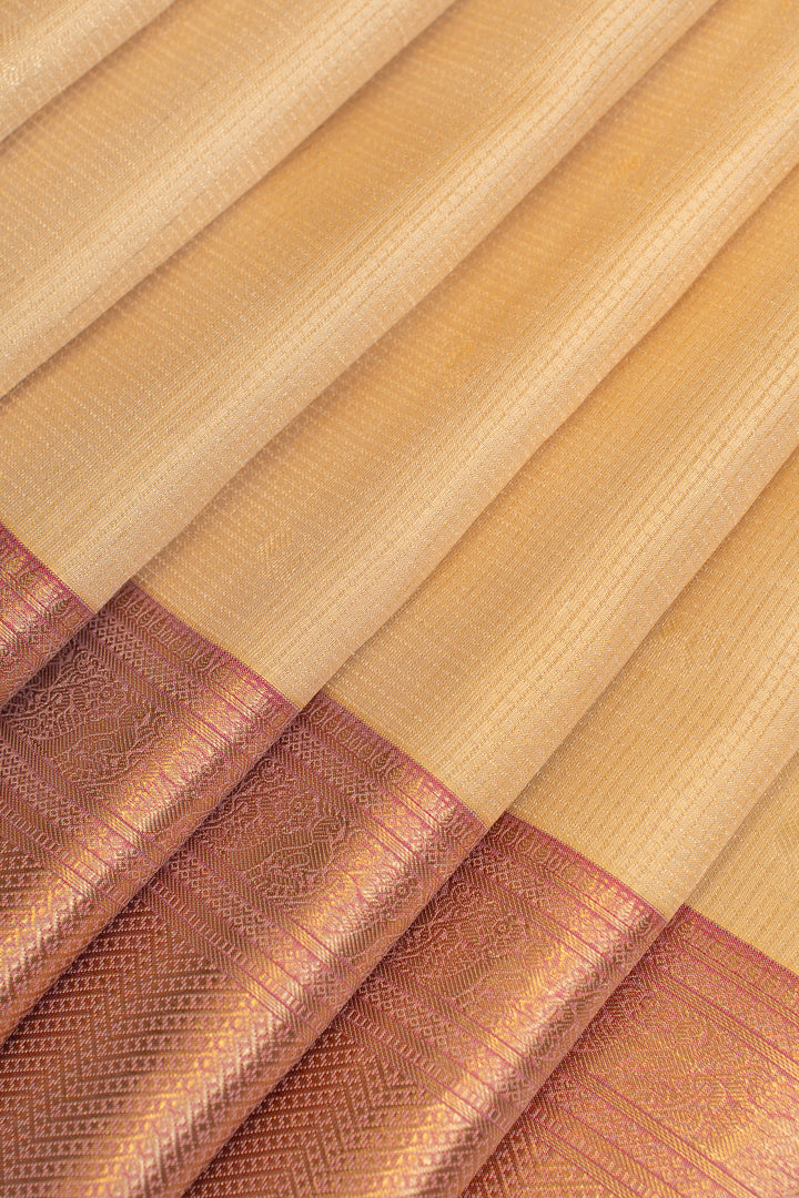 Sandal cream and peach checks pure Kanchipuram silk saree