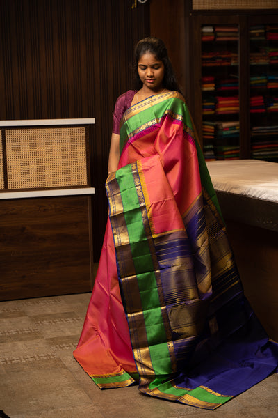 Peach and Green Pure Kanchipuram Silk Saree - Clio Silks