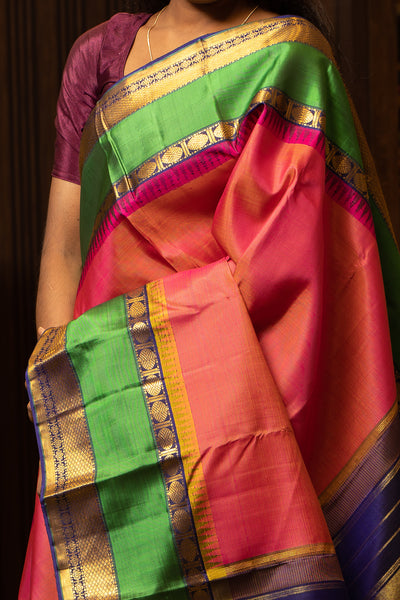 Peach and Green Pure Kanchipuram Silk Saree - Clio Silks