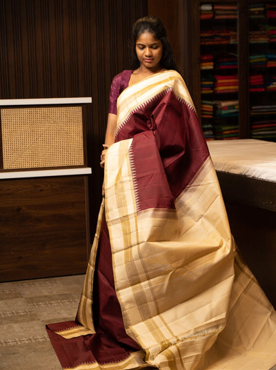 Maroon Podikattam and Beige Stripes Pure Kanchipuram Silk Saree - Clio Silks