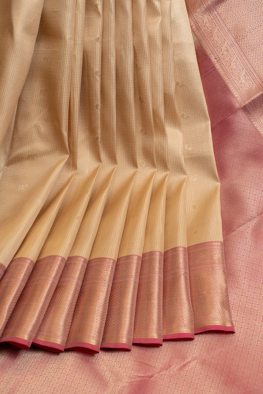 Sandal cream and peach checks pure Kanchipuram silk saree