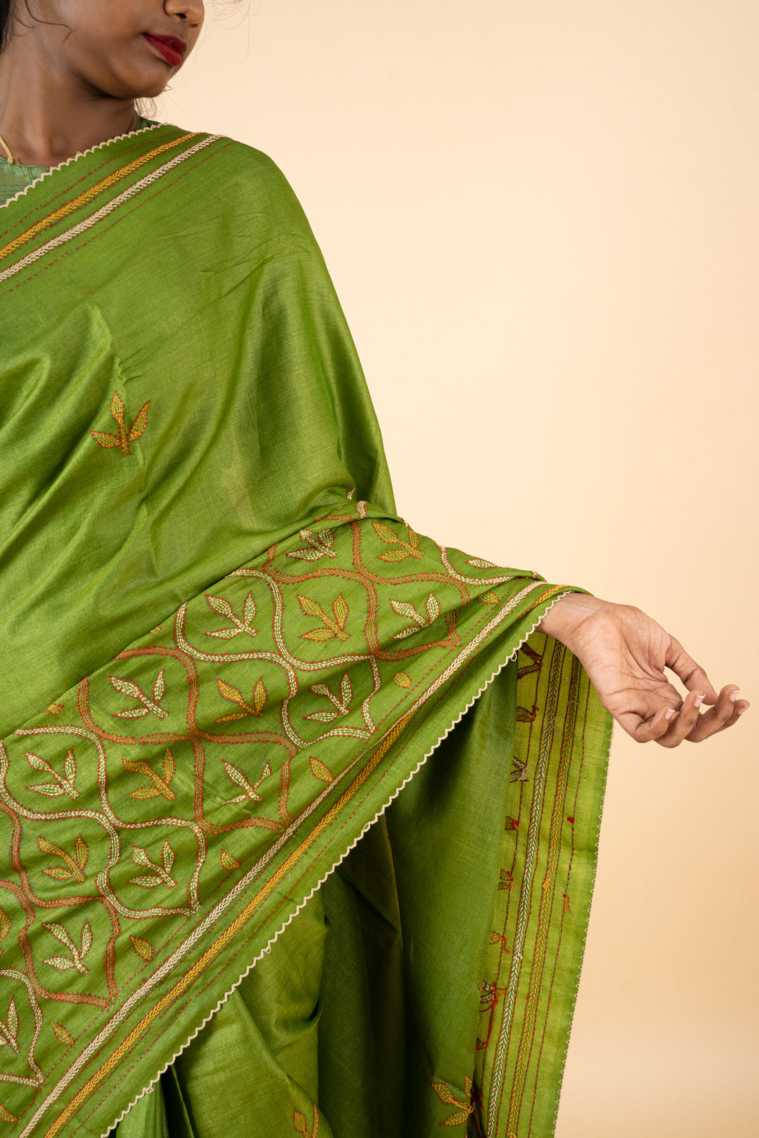 Pear Green Embroidered Pure Tussar Saree - Clio Silks