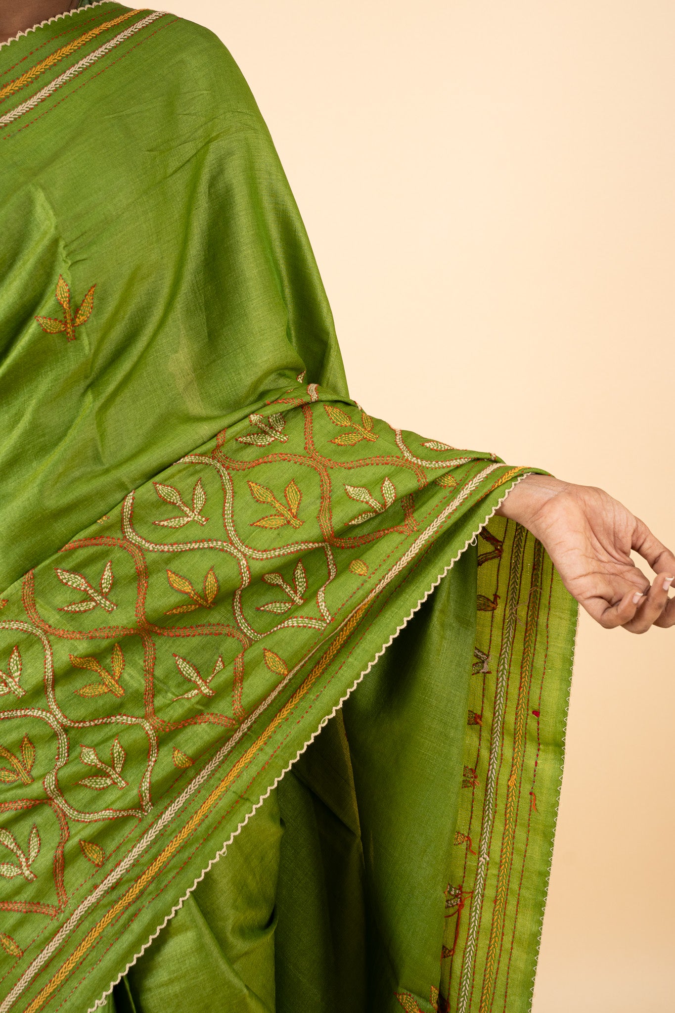 Pear Green Embroidered Pure Tussar Saree - Clio Silks