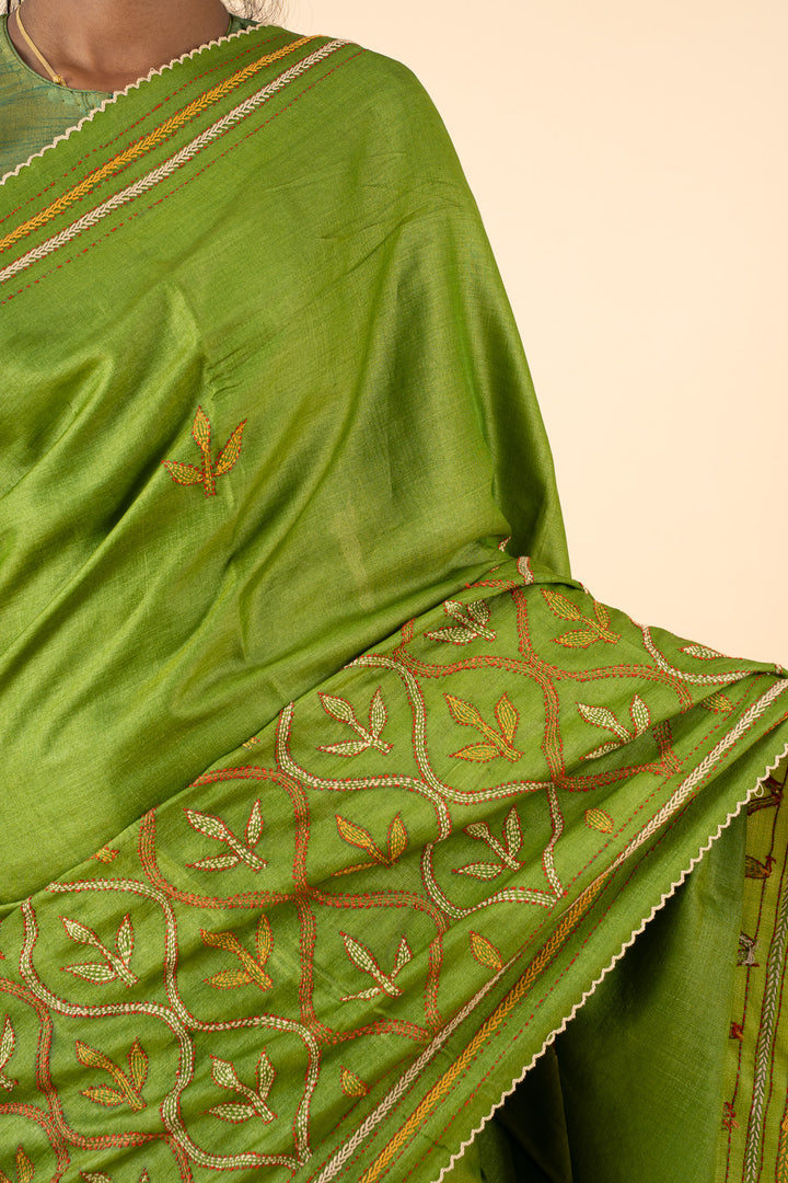 Pear Green Embroidered Pure Tussar Saree - Clio Silks