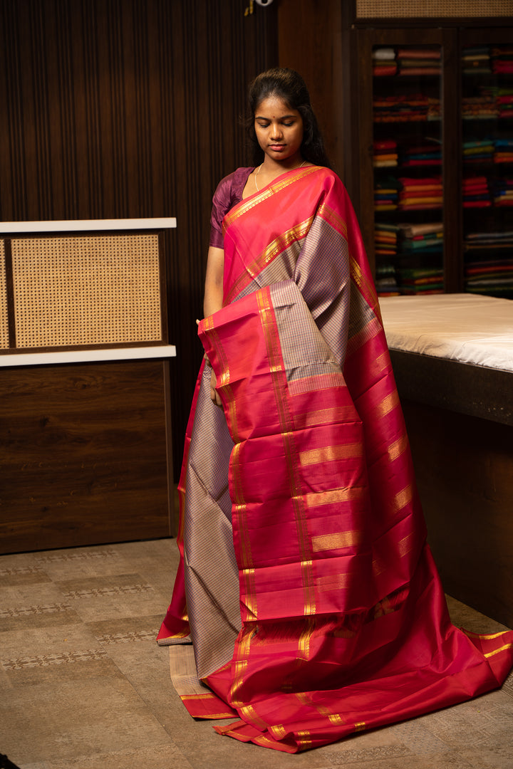 Purple Shot Color Checks Rettai Pettu Kanchipuram Pure Silk Sari - Clio Silks