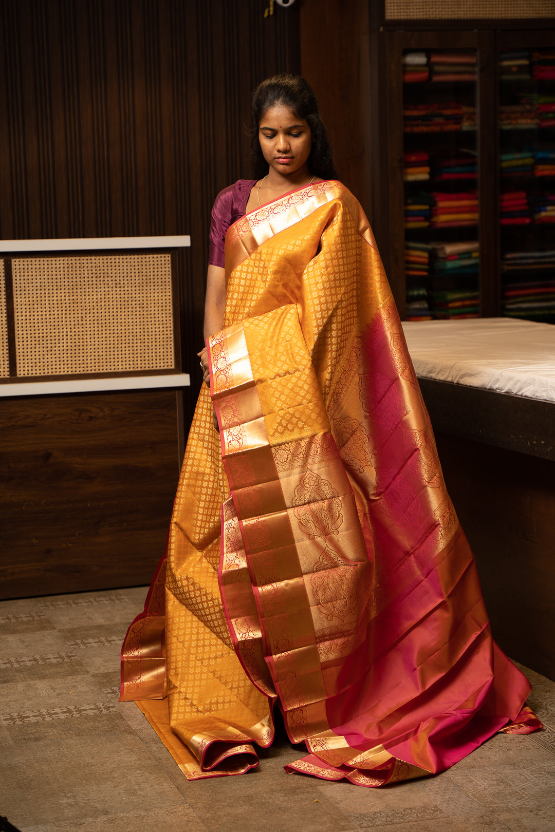 Mustard Yellow Zari Brocade Kanchipuram Silk Saree - Clio Silks