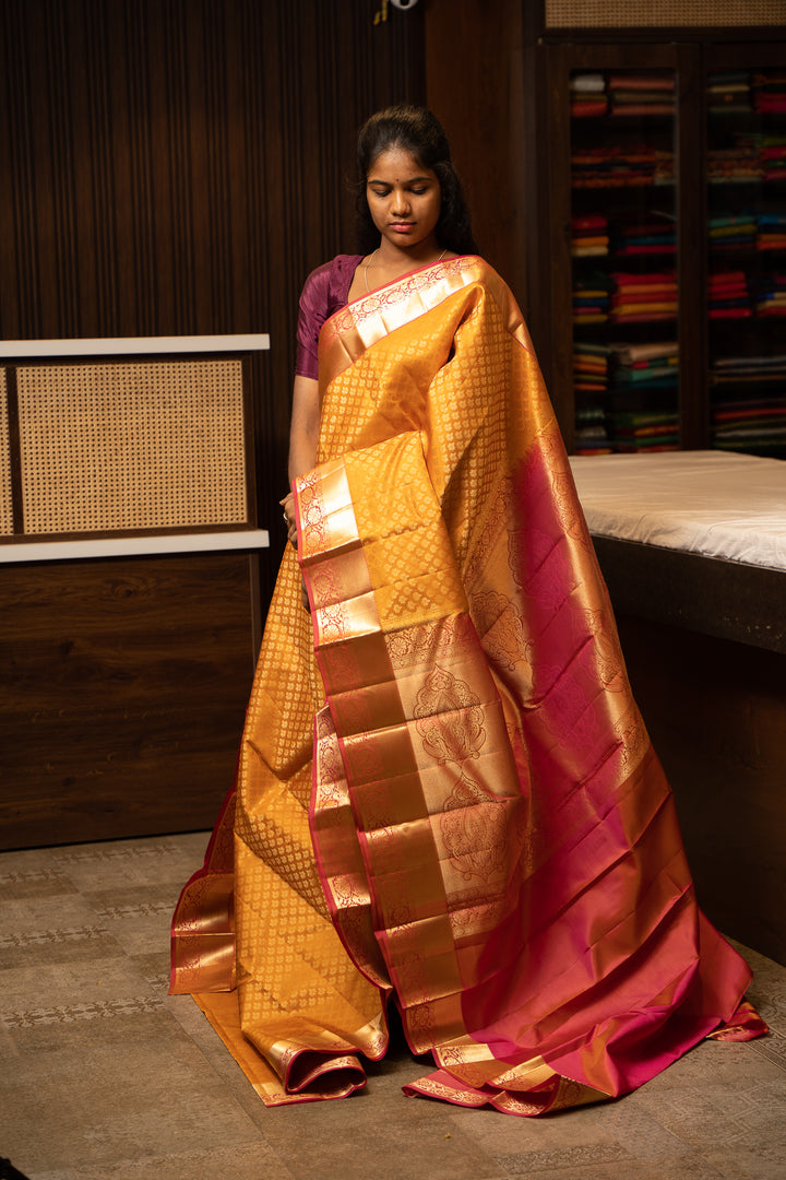Mustard Yellow Zari Brocade Kanchipuram Silk Saree - Clio Silks