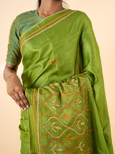 Pear Green Embroidered Pure Tussar Saree - Clio Silks