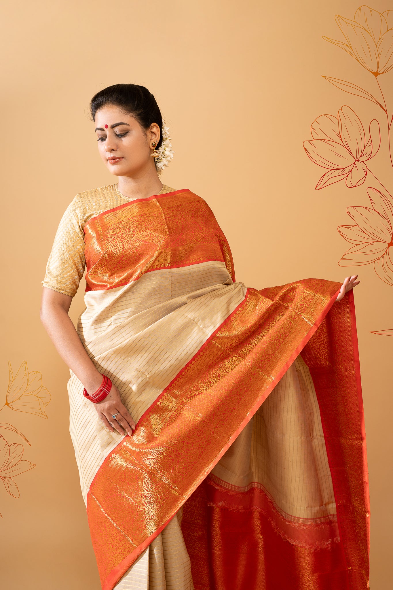 Champagne Gold and Red Stripes Pure Zari Kanchipuram Silk Saree - Clio Silks