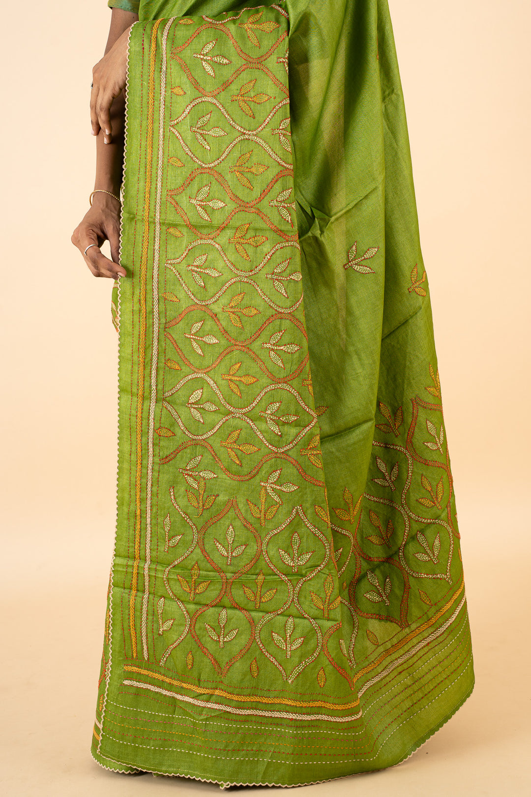 Pear Green Embroidered Pure Tussar Saree - Clio Silks