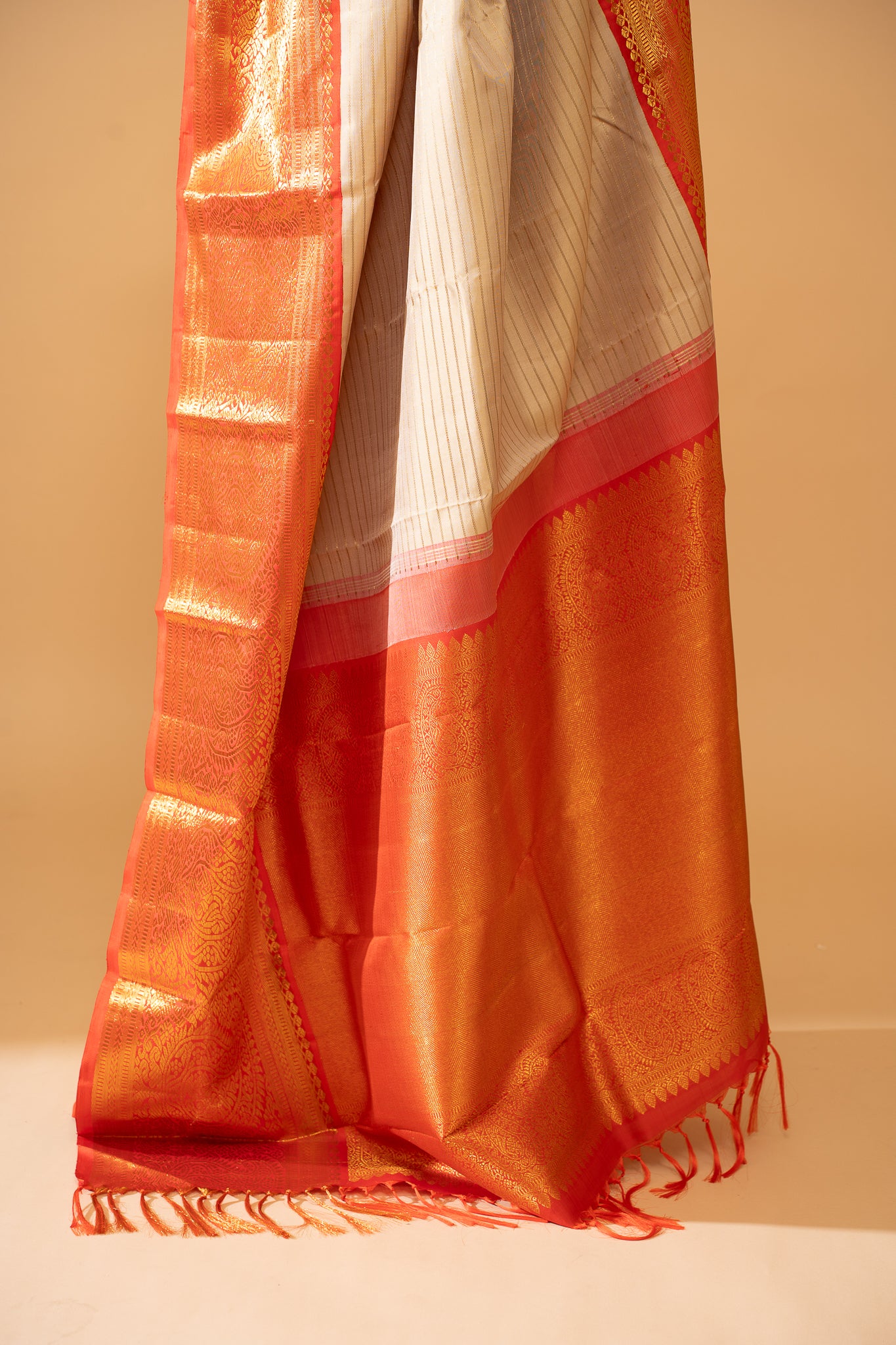 Champagne Gold and Red Stripes Pure Zari Kanchipuram Silk Saree - Clio Silks