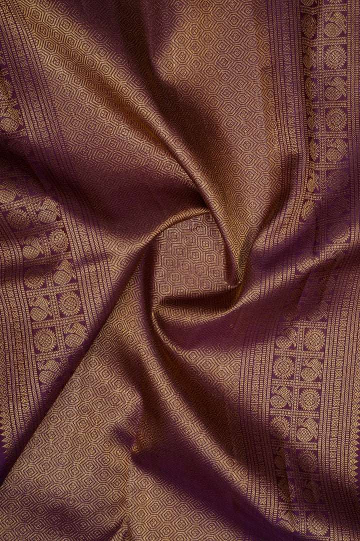 Tuscan beige and purple checks pure kanchipuram silk saree
