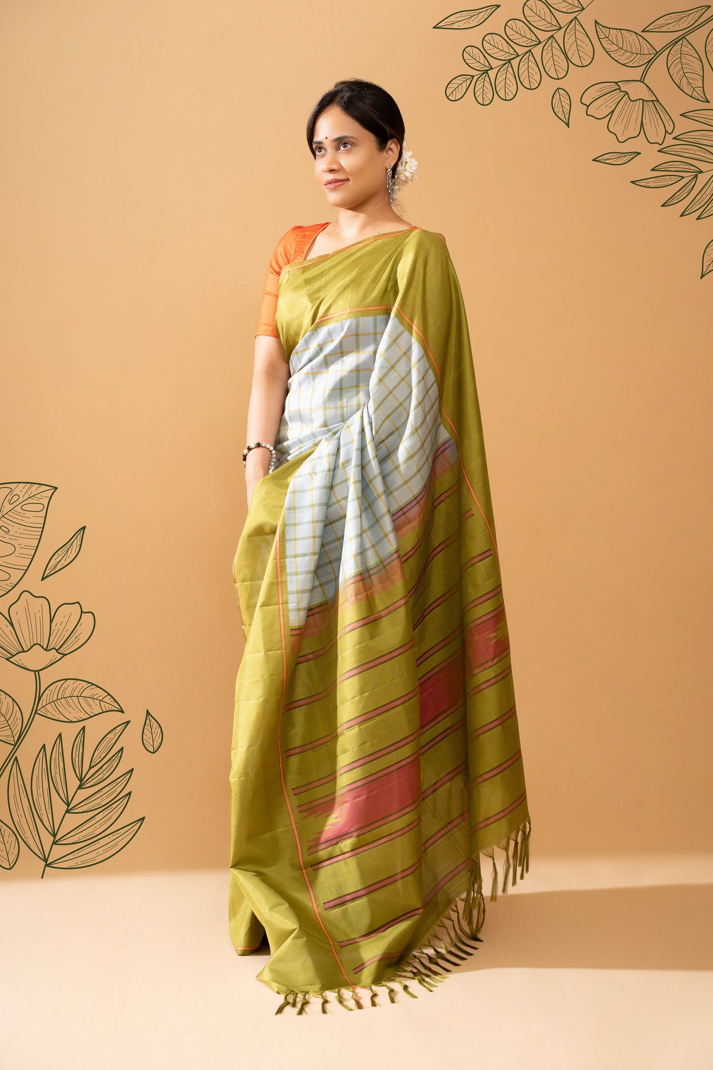 Pastel Blue and Green No Zari Kanchipuram Silk Saree - Clio Silks