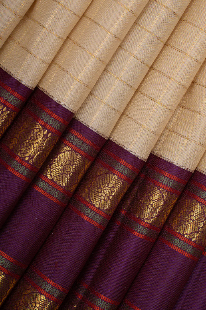 Tuscan beige and purple checks pure kanchipuram silk saree