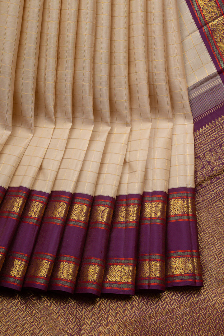 Tuscan beige and purple checks pure kanchipuram silk saree