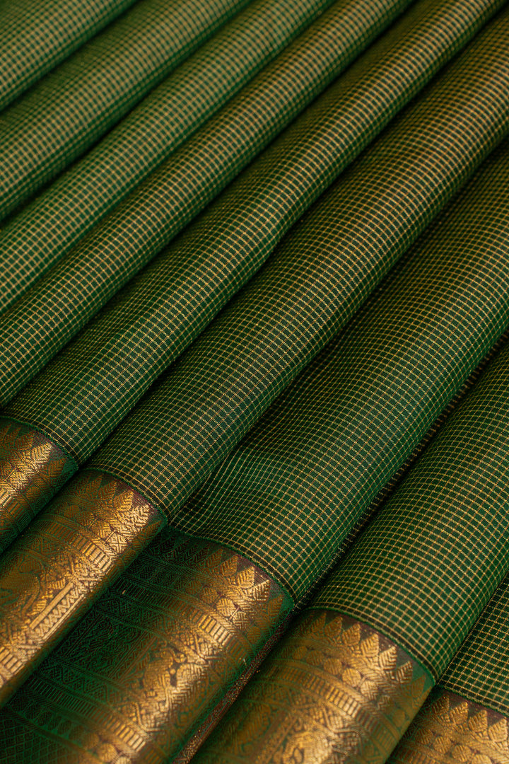 Bottle green zari checks pure Kanchipuram silk saree