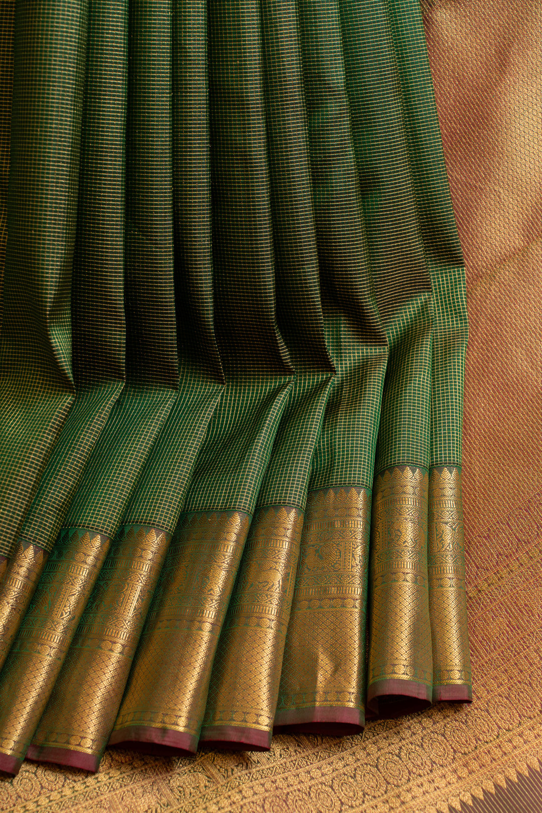 Bottle green zari checks pure Kanchipuram silk saree