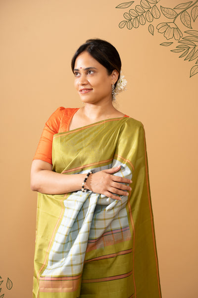 Pastel Blue and Green No Zari Kanchipuram Silk Saree - Clio Silks