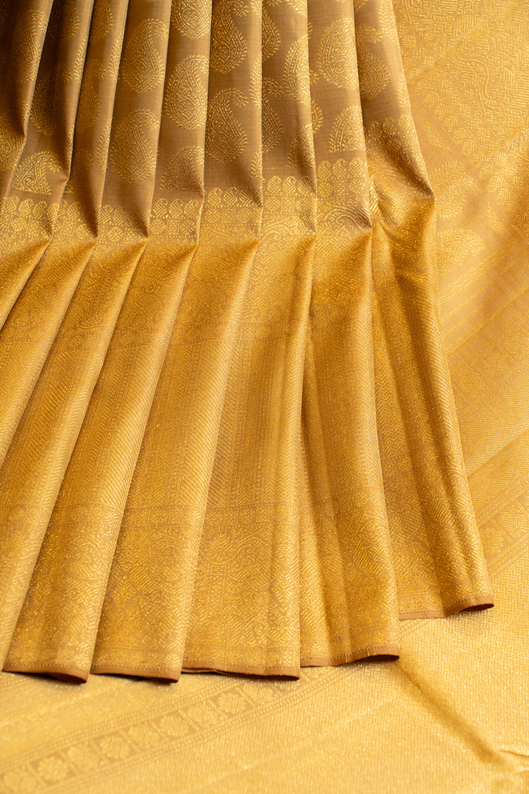 Khaki gold paisley pure zari Kanchipuram silk saree