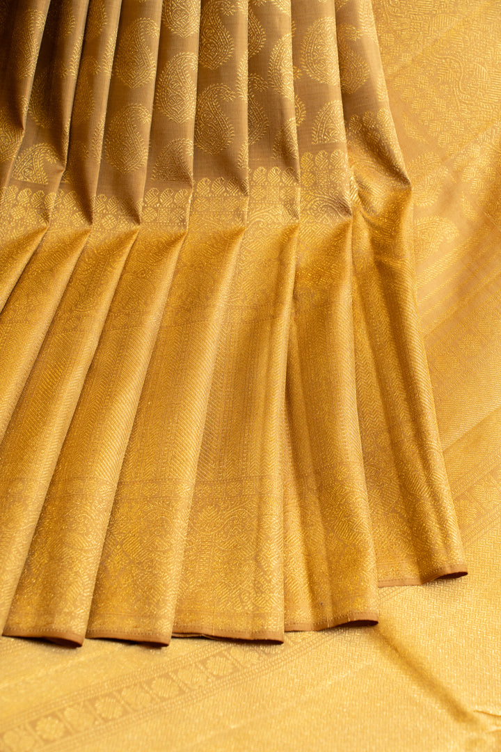 Khaki gold paisley pure zari Kanchipuram silk saree