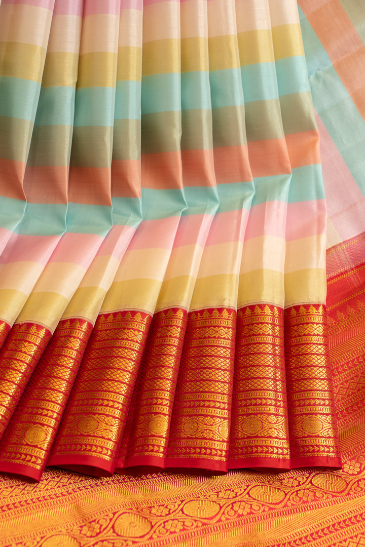 Multi stripes red border pure Kanchipuram silk saree