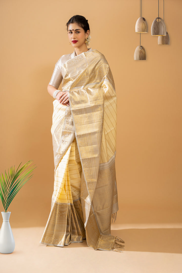 Champagne Cream and Grey Big Border Pure Kancchipuram Silk Saree - Clio Silks