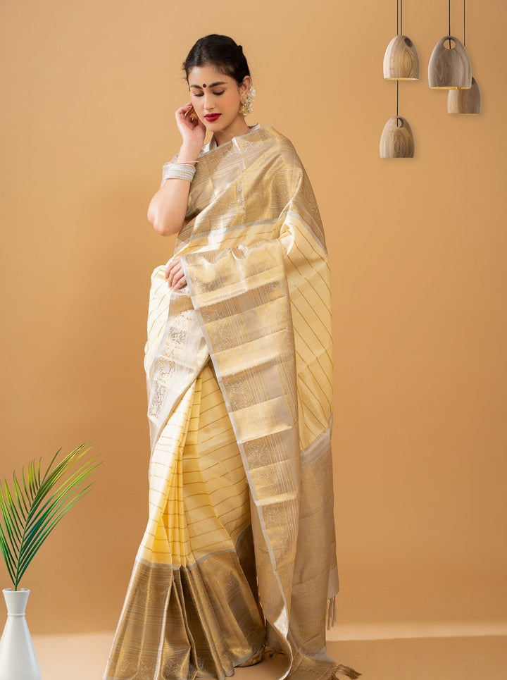 Champagne Cream and Grey Big Border Pure Kancchipuram Silk Saree - Clio Silks