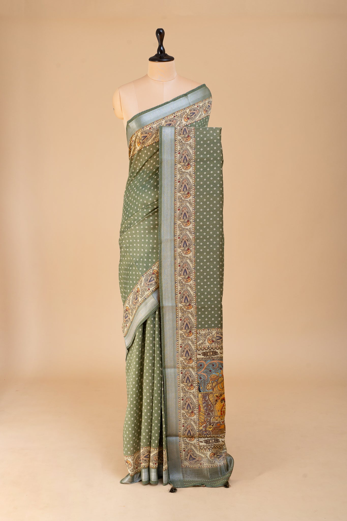 Apple Green Madhubani Pure Tussar Silk Saree