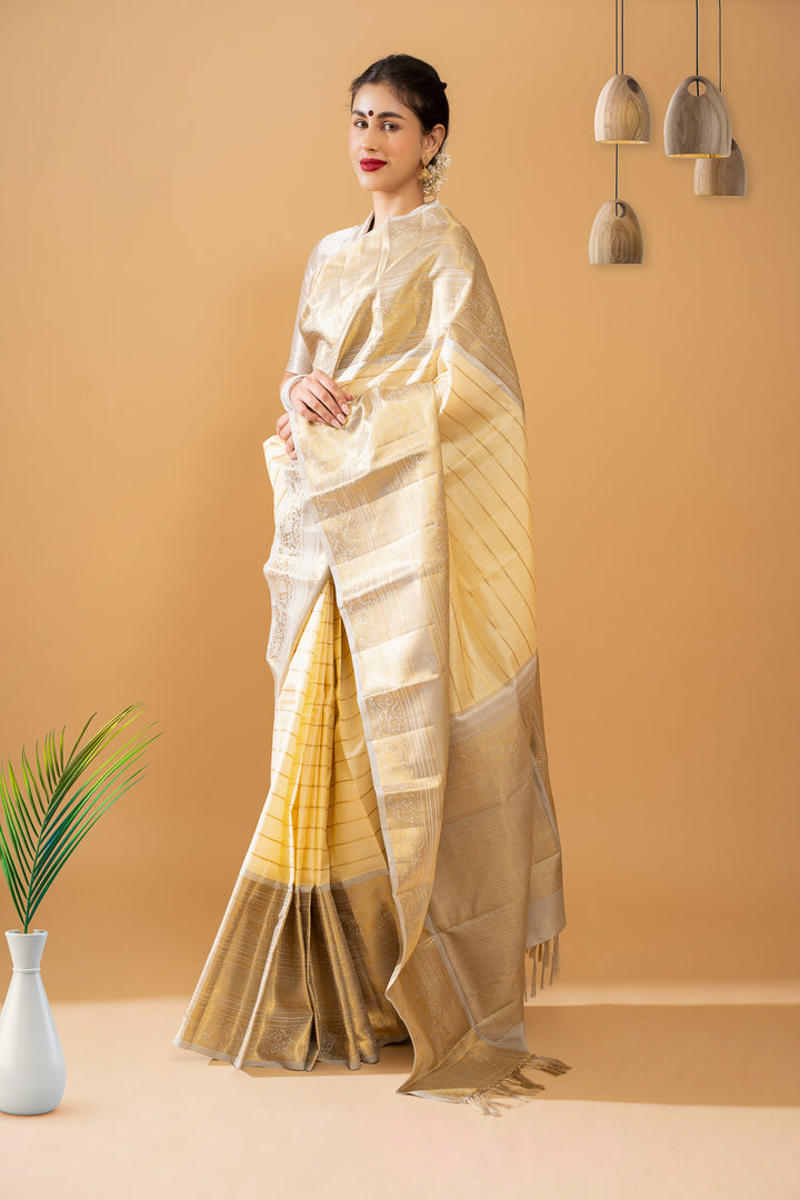 Champagne Cream and Grey Big Border Pure Kancchipuram Silk Saree - Clio Silks