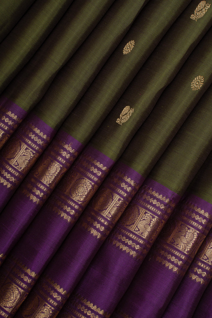 Olive Green &amp; Purple Rettai Pettu Pure Kanchipuram Silk Saree