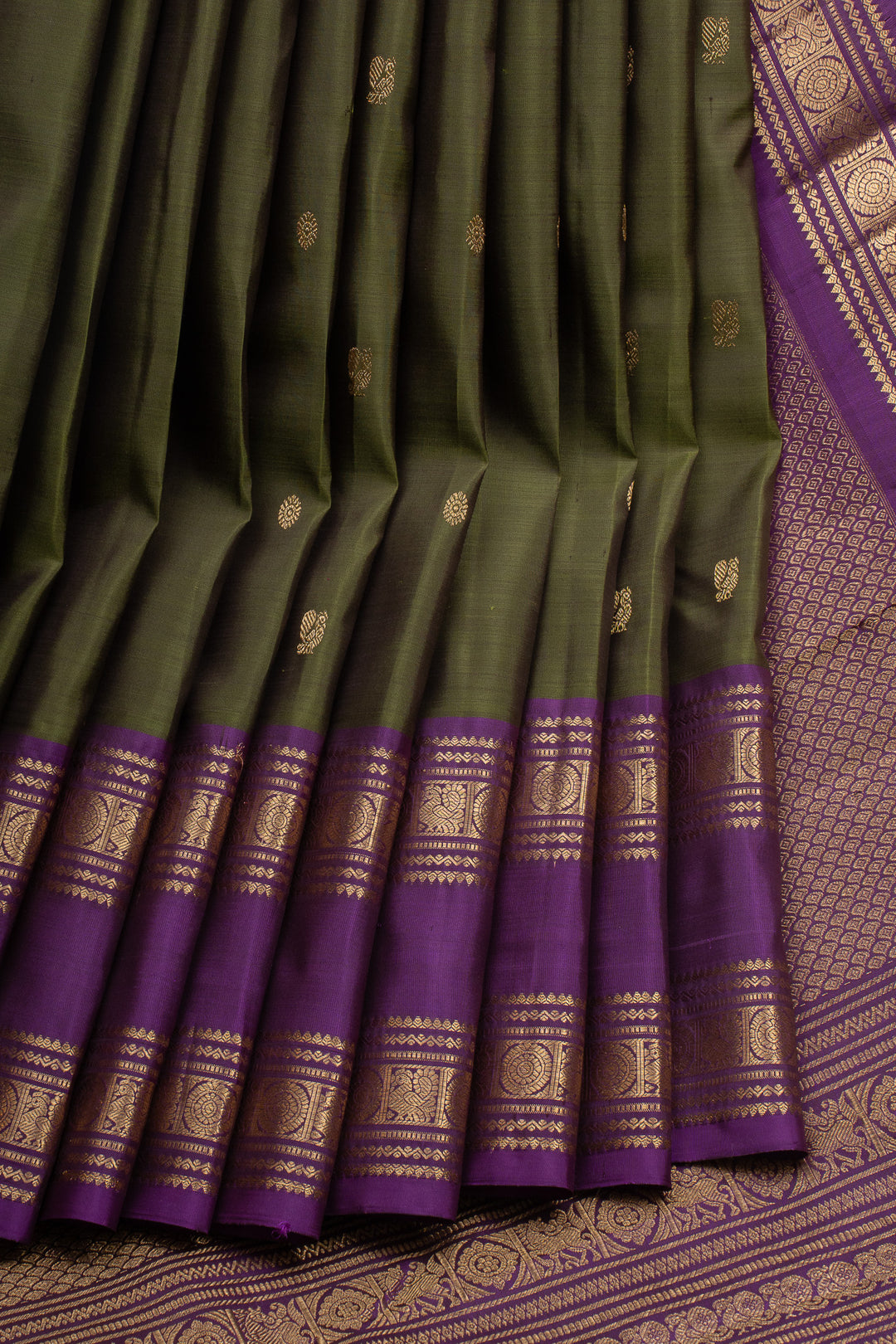 Olive Green &amp; Purple Rettai Pettu Pure Kanchipuram Silk Saree