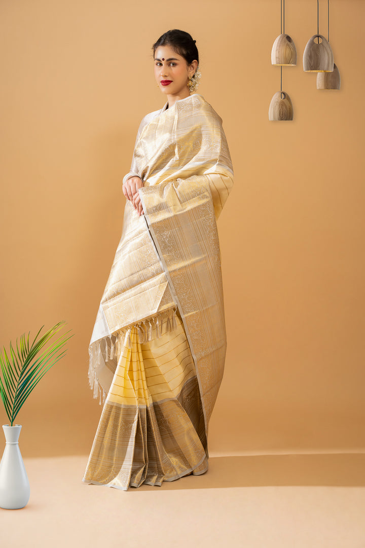 Champagne Cream and Grey Big Border Pure Kancchipuram Silk Saree - Clio Silks
