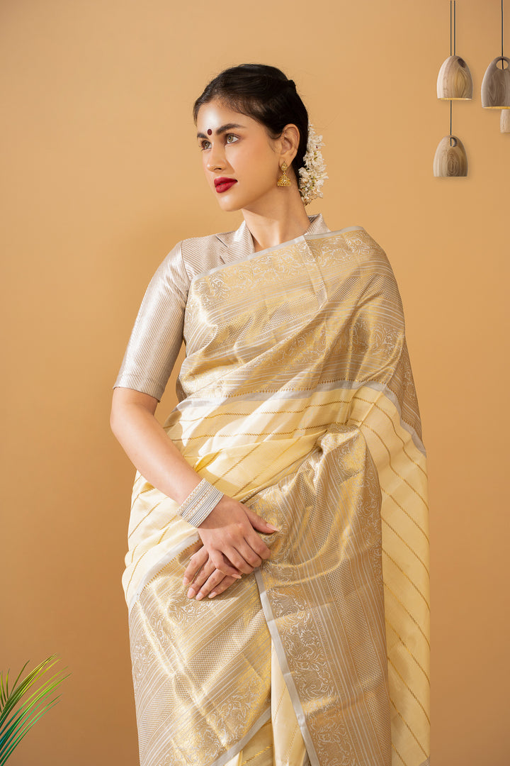 Champagne Cream and Grey Big Border Pure Kancchipuram Silk Saree - Clio Silks